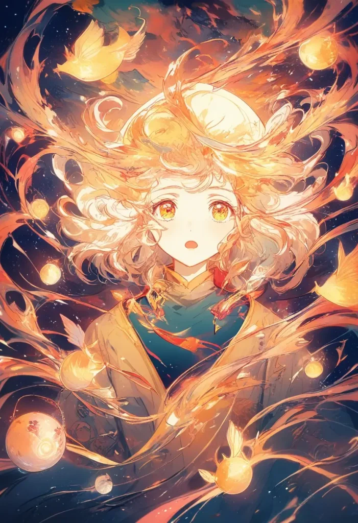 Anime girl in surreal garden with glowing bonsai and koi fish