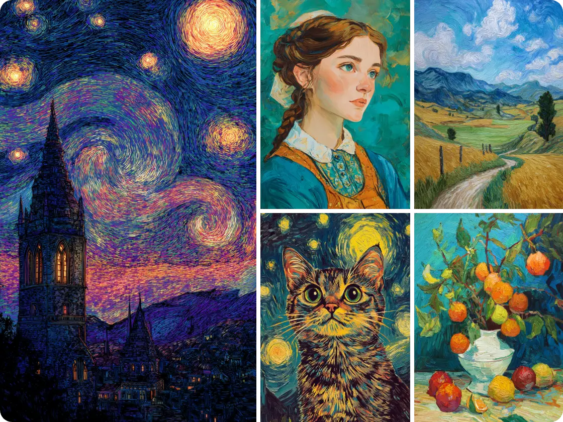 cinque immagini di opere d'arte in stile van gogh includono cielo notturno stellato realizzato da piclumen ai van gogh generator