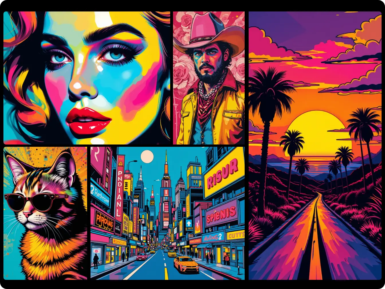 aiポップアート・ジェネレーターによって生成された、メス・オス・ネコの街並みと夕日を含む5つのポップアート風画像