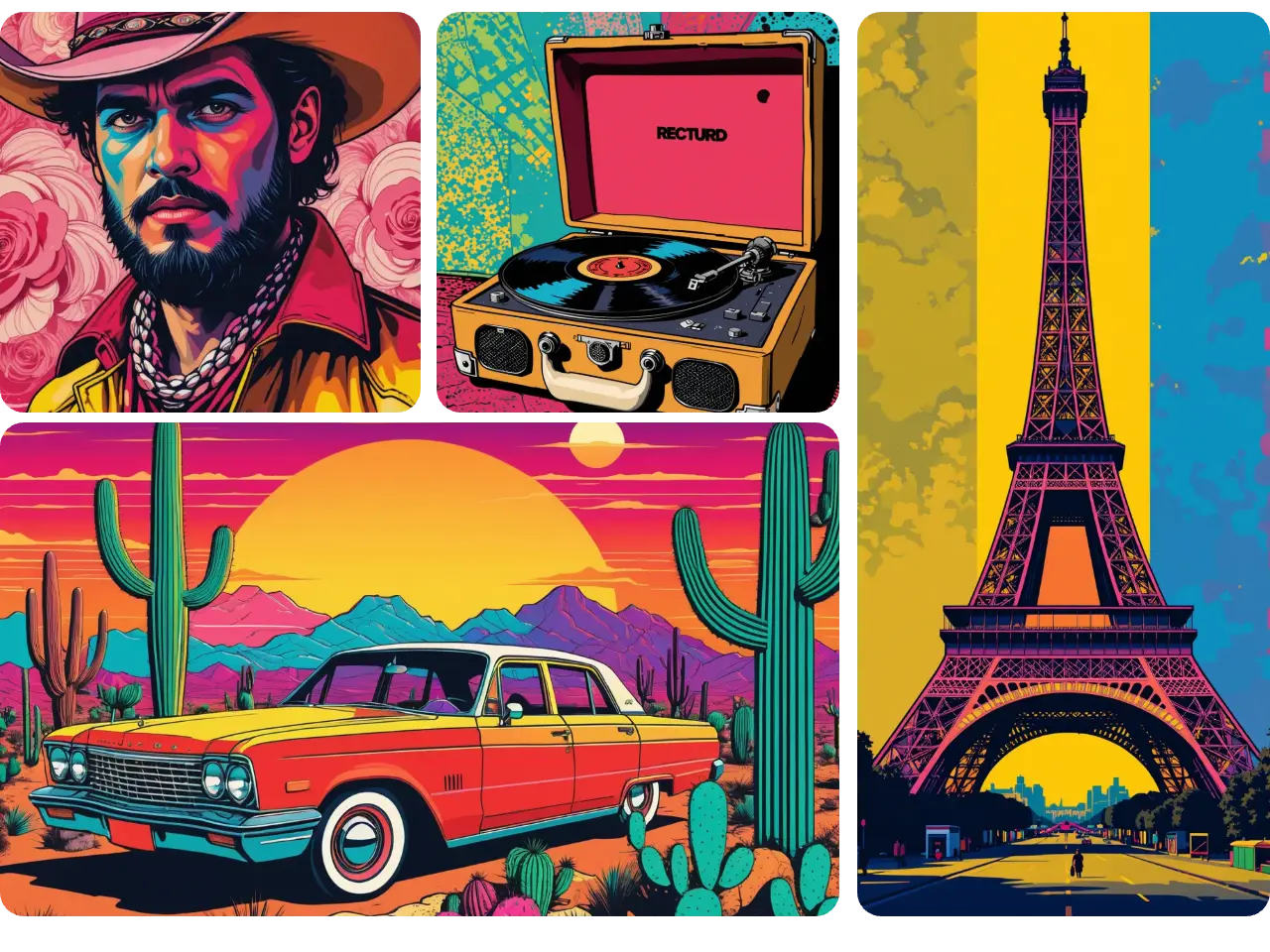 piclumen ai ポップアートジェネレーターによって生成された4枚の異なるオブジェクトの写真