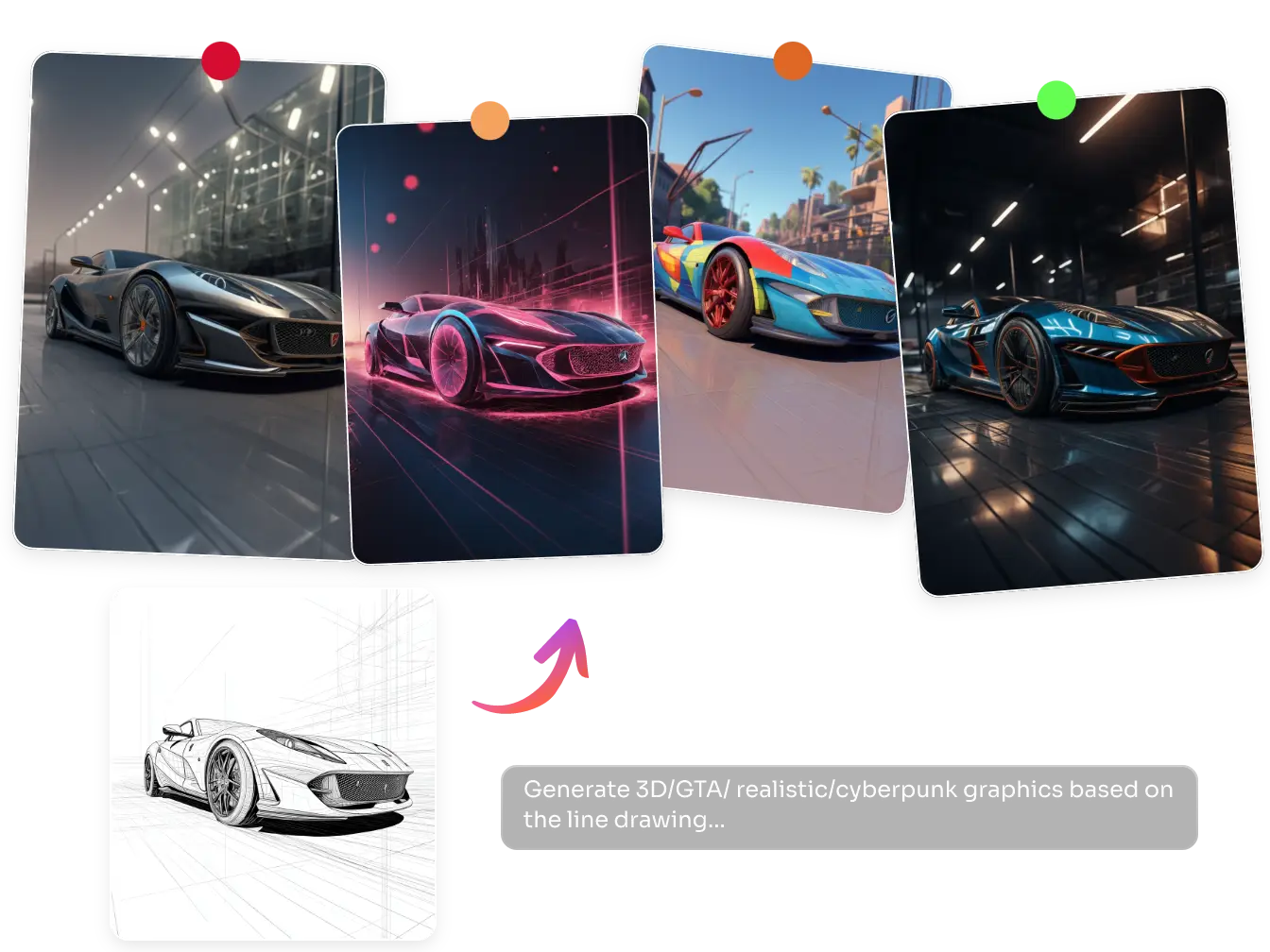 convert a car sketch into 4 different styles with prompt based ai image genrator
