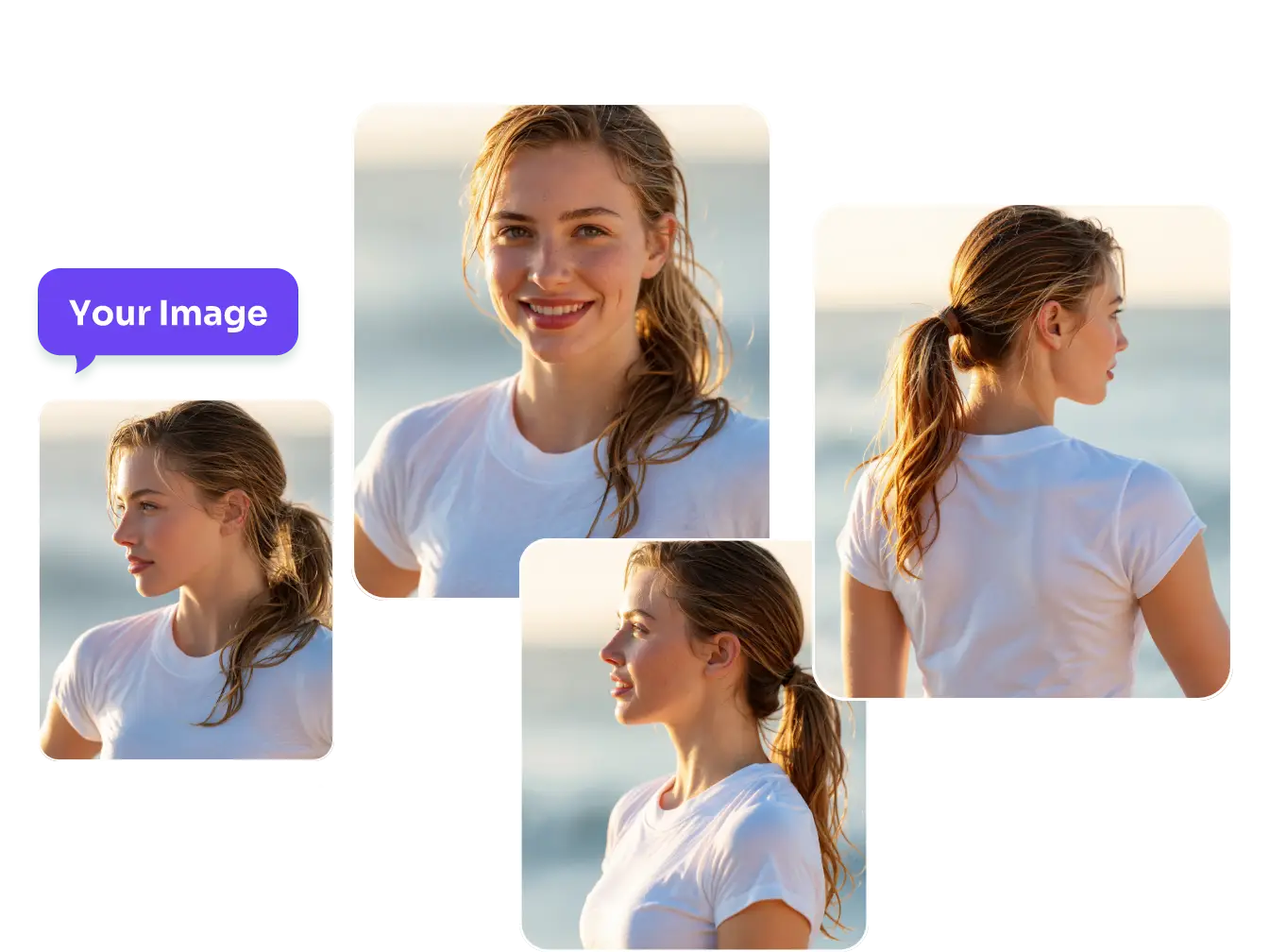 3 different poses pictures of the same woman generated from a single photo