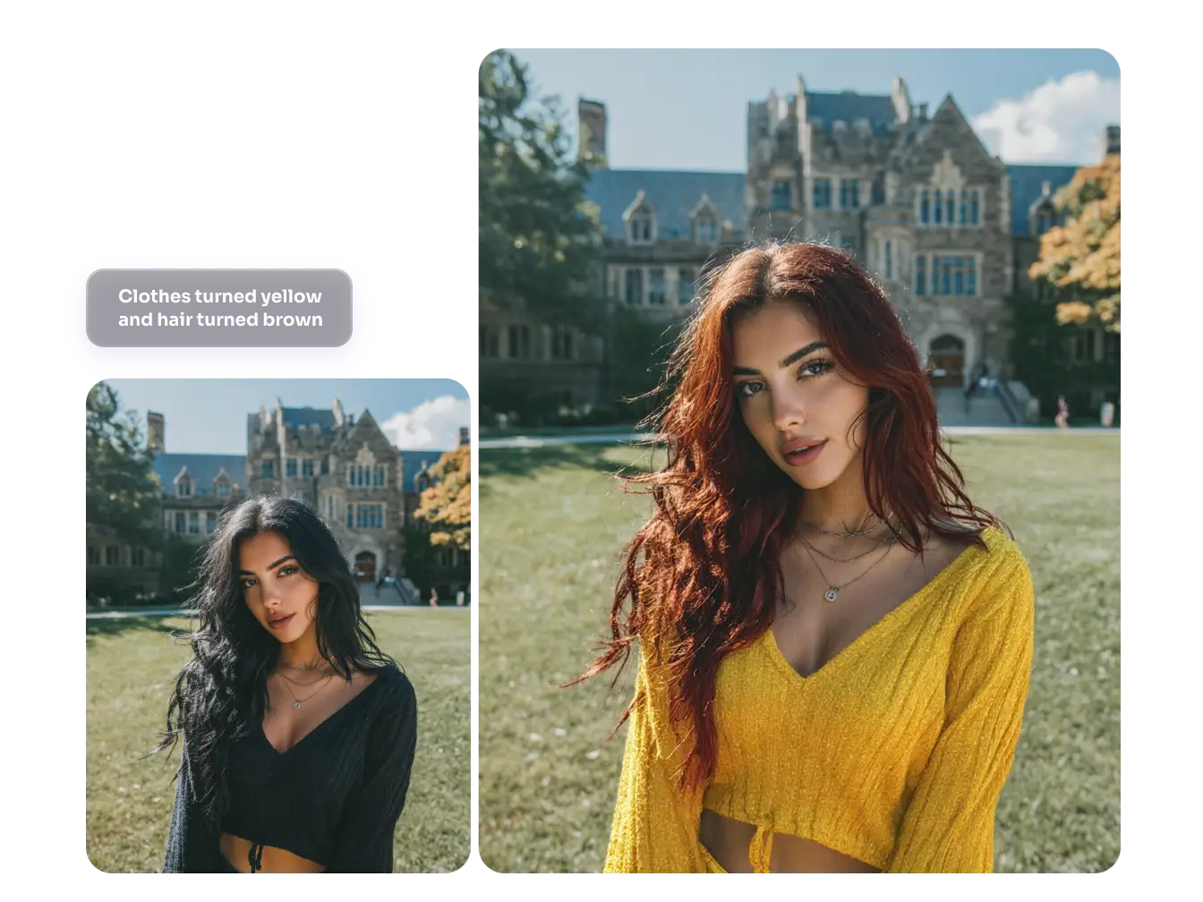 using PicLumen's prompt based ai image genrator changed a woman shirt color from black to yellow