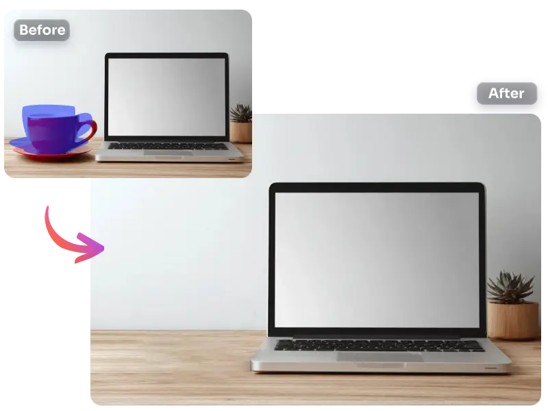 the before and after comparison photos of the erased cup on the left side of the computer