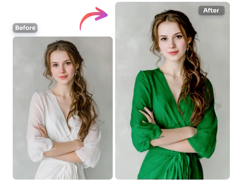 the before and after comparison photos of changed dress color from white to green