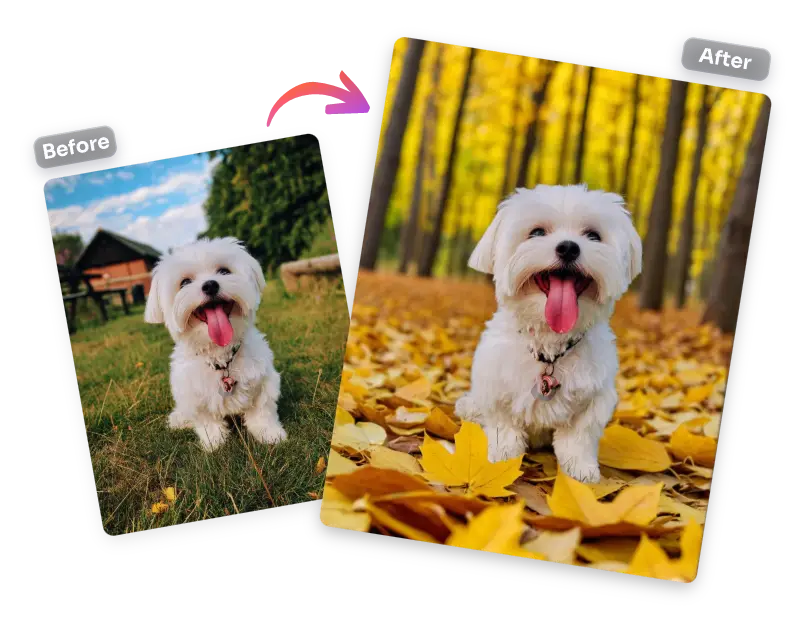 keeping dog original and changing the grass background to a deciduous forest