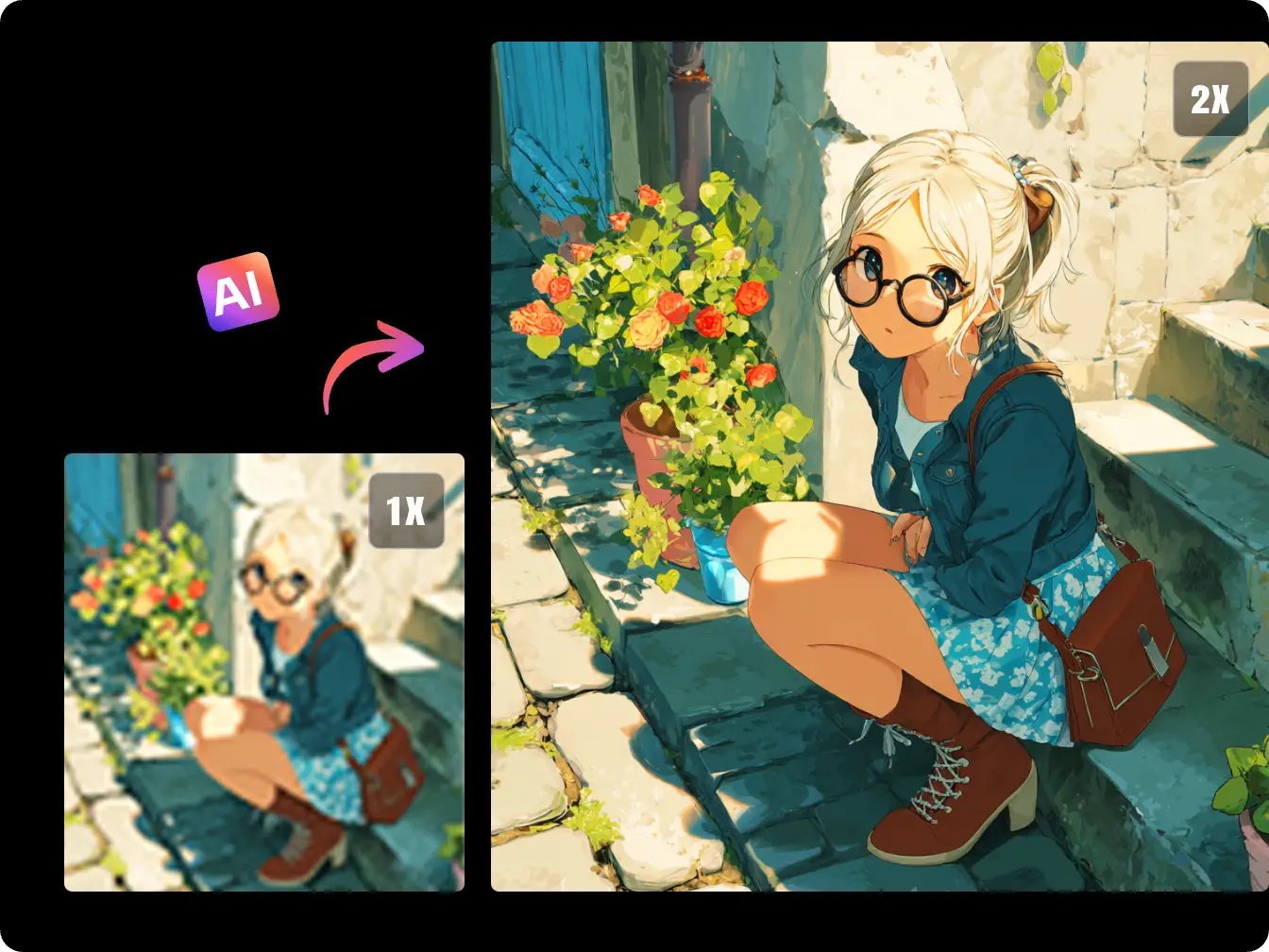 der Effekt der Verwendung von Piclumen Anime Upscaler zum Hochskalieren eines Anime-Mädchens von 1x auf 2x mit KI