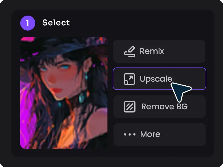 Wählen Sie ein mit Piclumen erstelltes Anime-Mädchenfoto aus und wählen Sie "Hochskalieren" im Anime-Upscaler