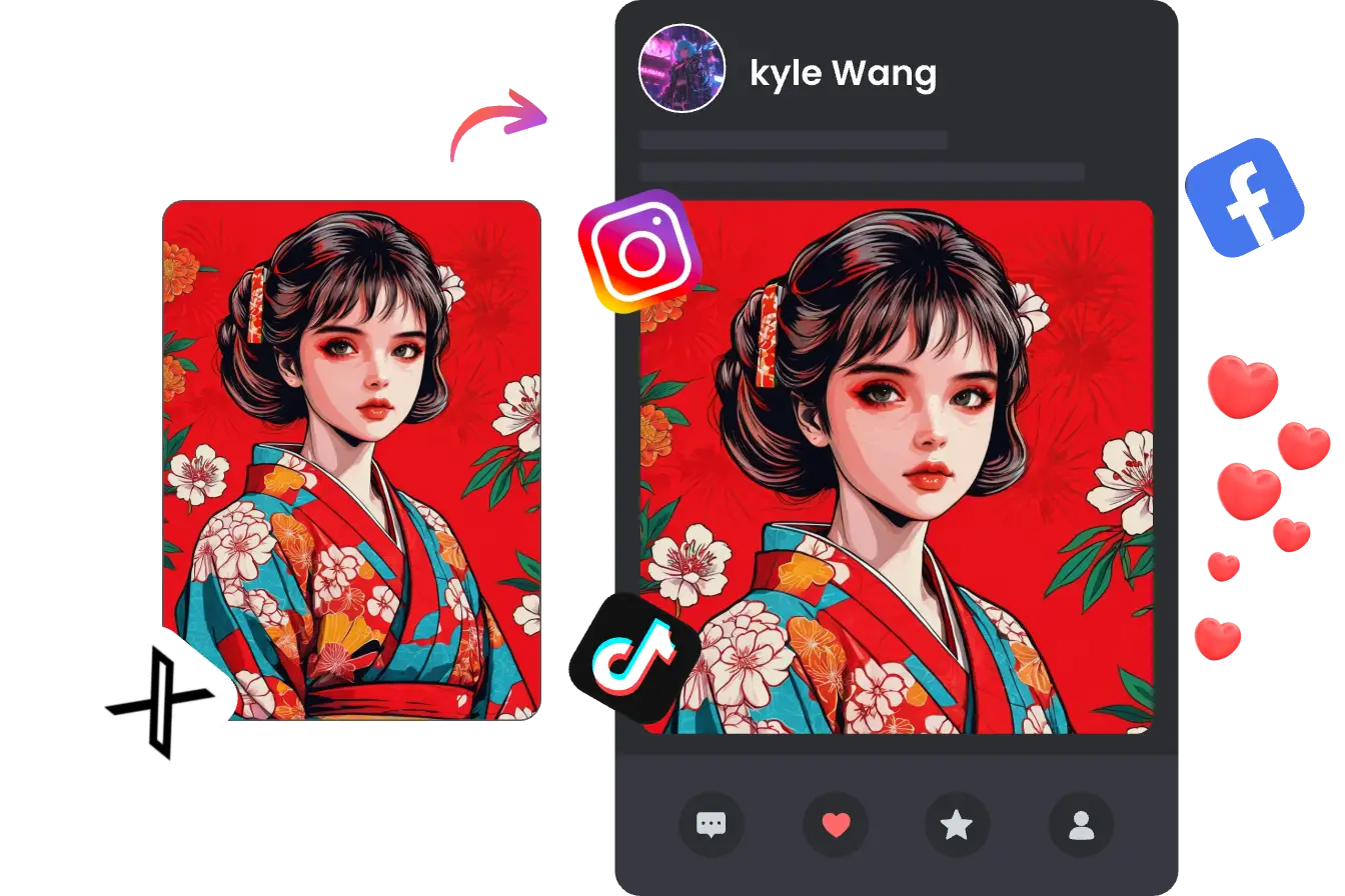 piclumen ai ポップアートジェネレーターで生成されたポップアートガールの画像をソーシャルメディアで共有する2枚の写真