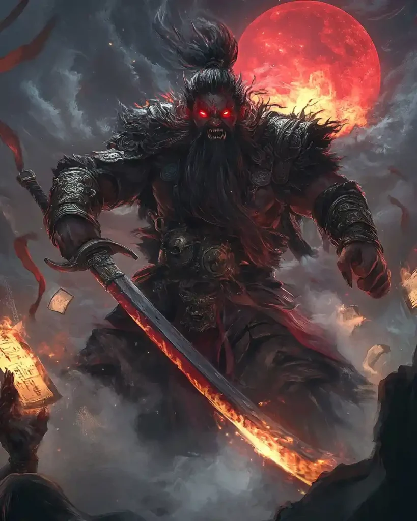 Zhong Kui with glowing red eyes, standing in front of a huge blood-red moon holding a burning sword