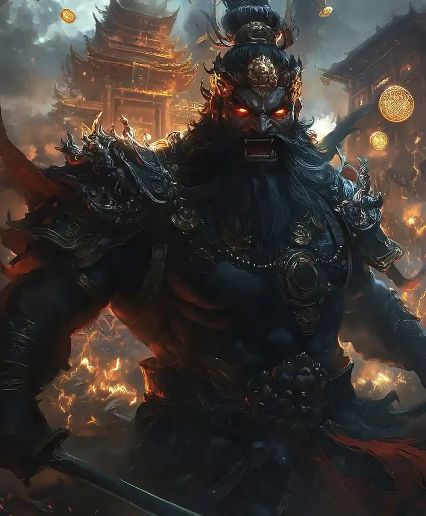 Zhong Kui with a fierce wide face and sharp glowing eyes generated by piclumen