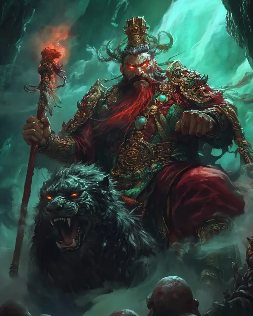 a dark and imposing Zhong Kui warrior sits upon a ferocious tiger in the cavern