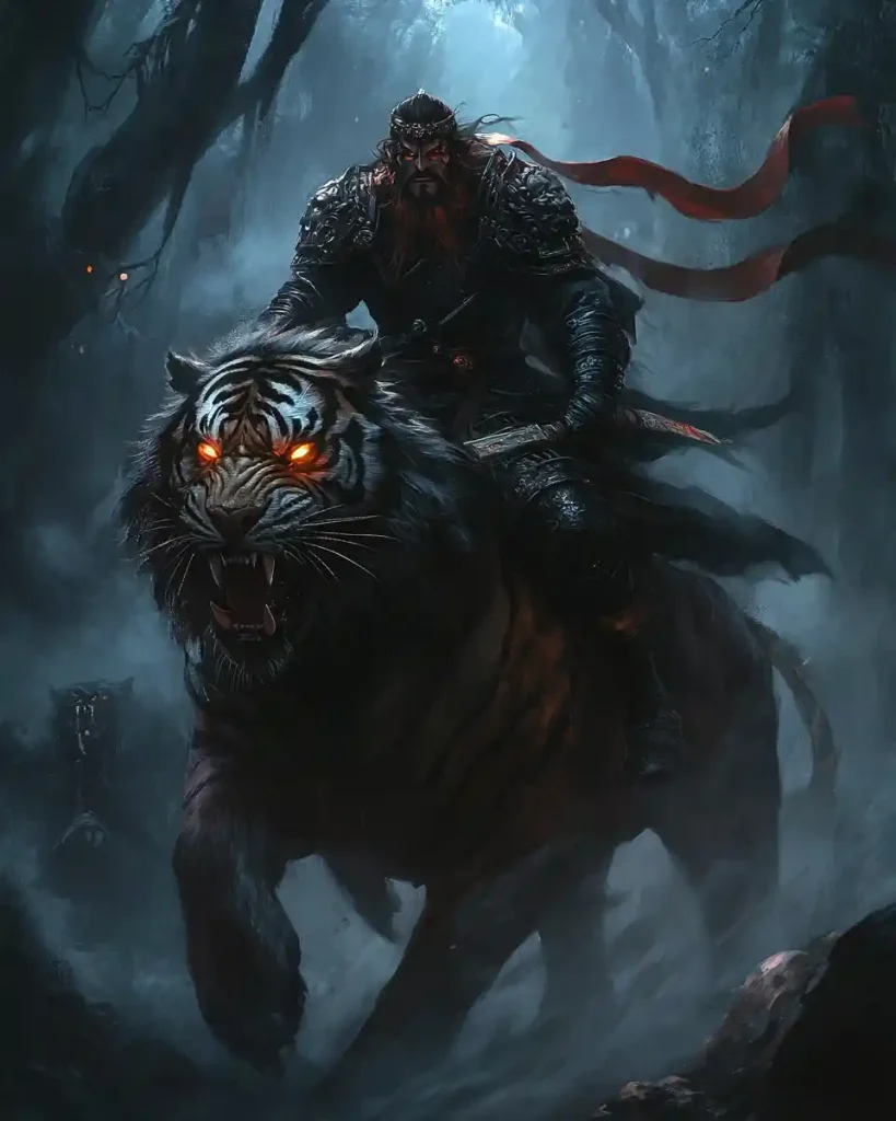 Black Myth Zhong Kui riding a colossal tiger through a misty ancient forest at night
