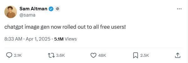 an interface screenshot of sam altman's twitter about chatgpt image gen