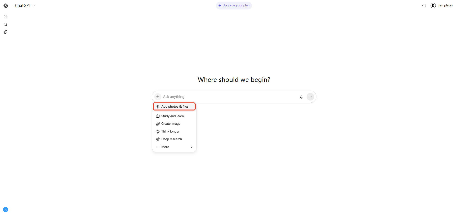 the interface screenshot of clicking add photos & files for using chatgpt 4o with images