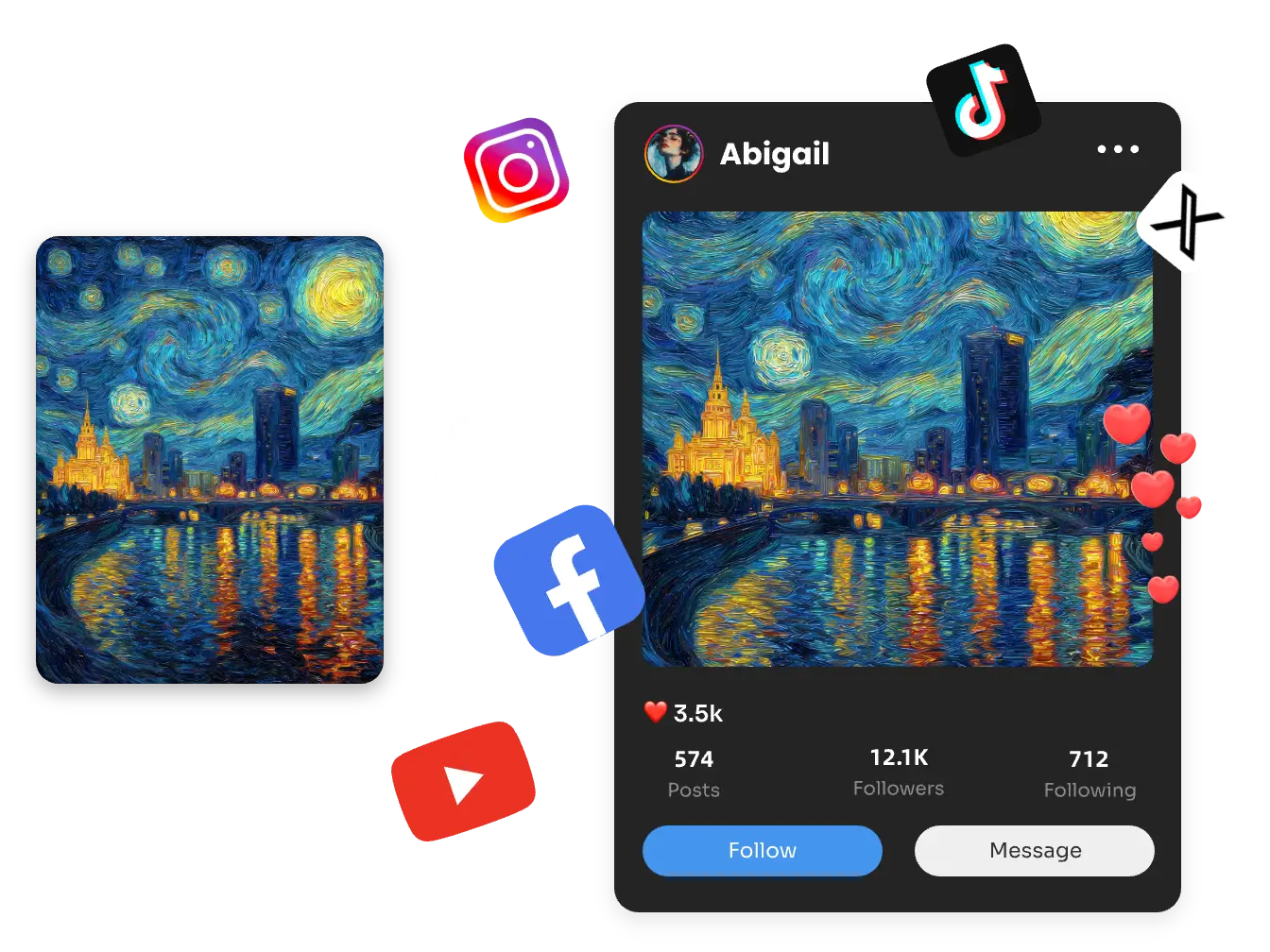 il processo di condivisione sui social media dell'immagine del cielo notturno in stile van gogh realizzata con il generatore ai van gogh