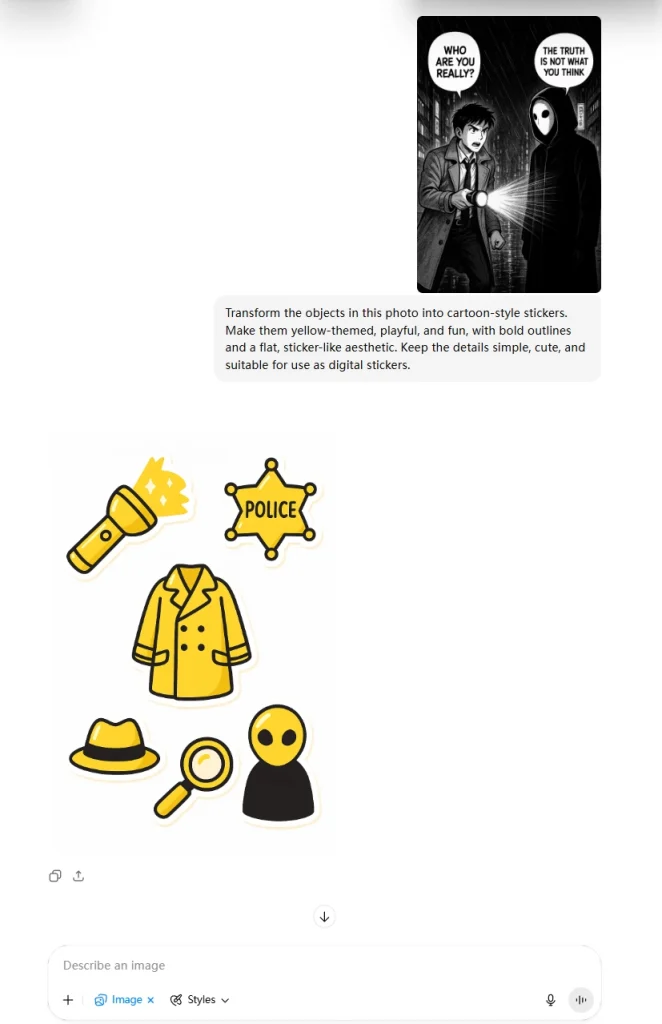 the screenshot of inputing prompts and images to let chatgpt 4o generate stickers