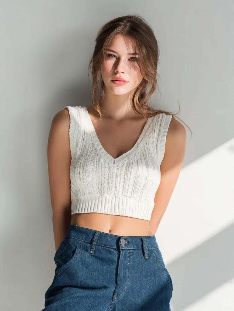 A girl wearing a white vest and jeans