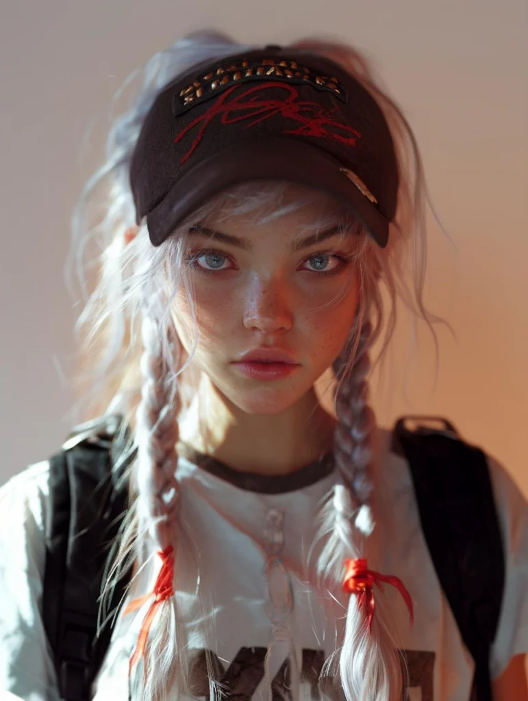 A silver hair girl wearing a black baseball cap