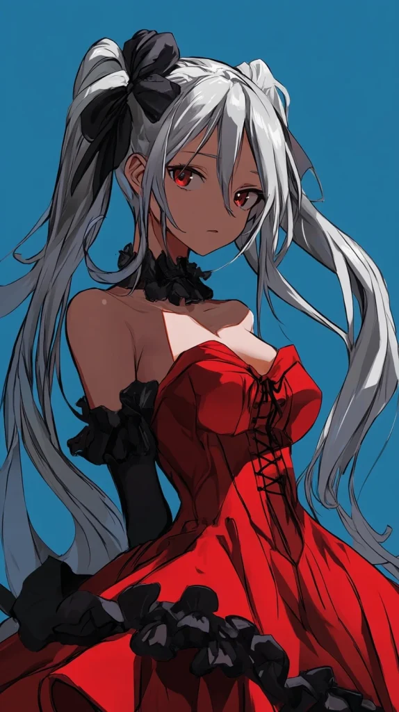 White hair anime girl in a red skirt