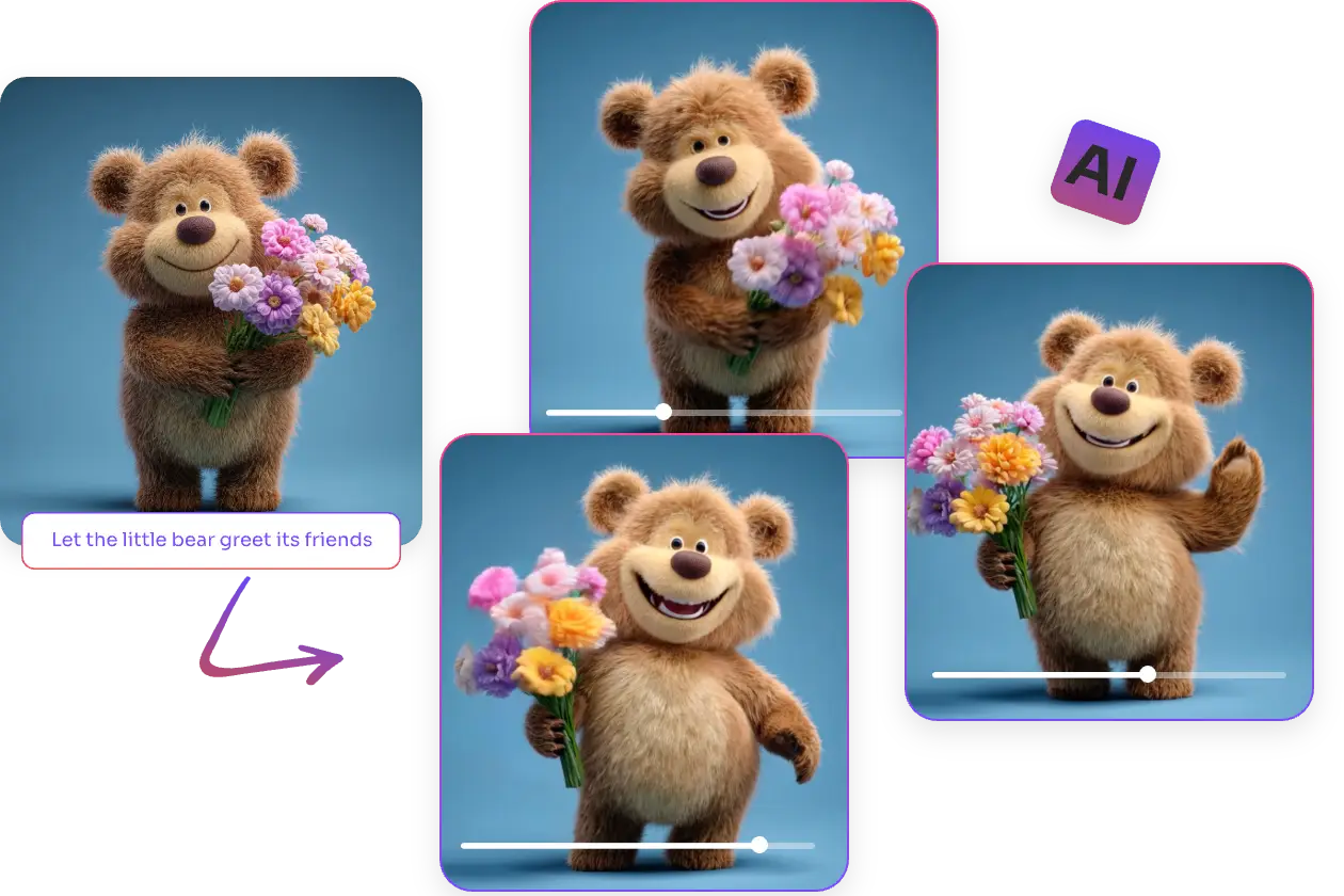 a cute bear video made from a bear image holding flowers