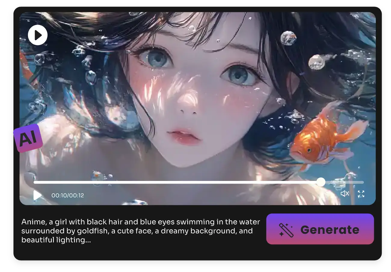 anime video of a girl underwater with a golden fish created by ai video generator from text