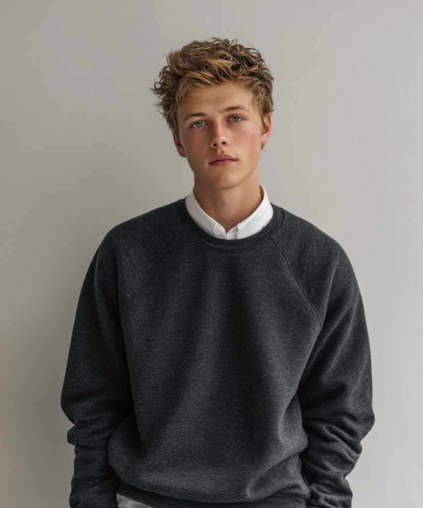 a young man wearing a gray sweater