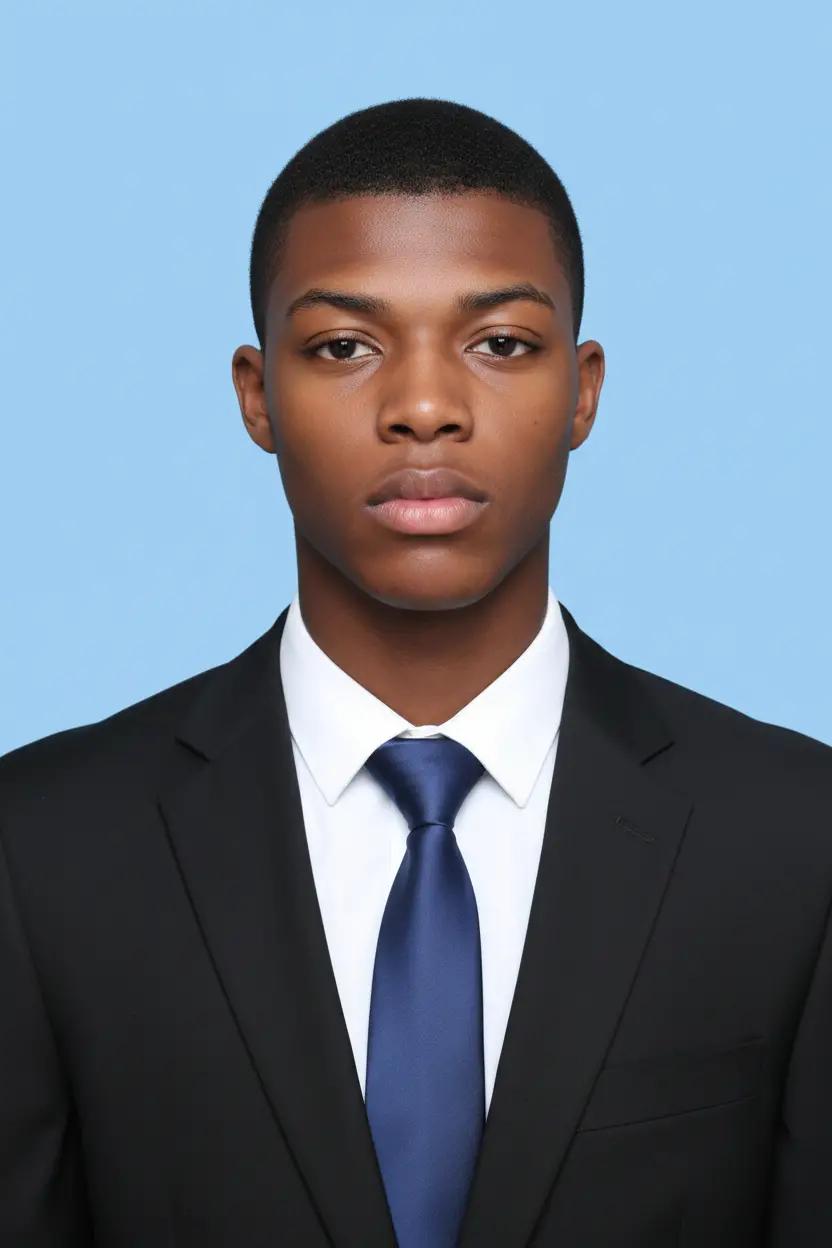 using piclumen's id photo creator generated id portrait of a black man in black suit with blue background