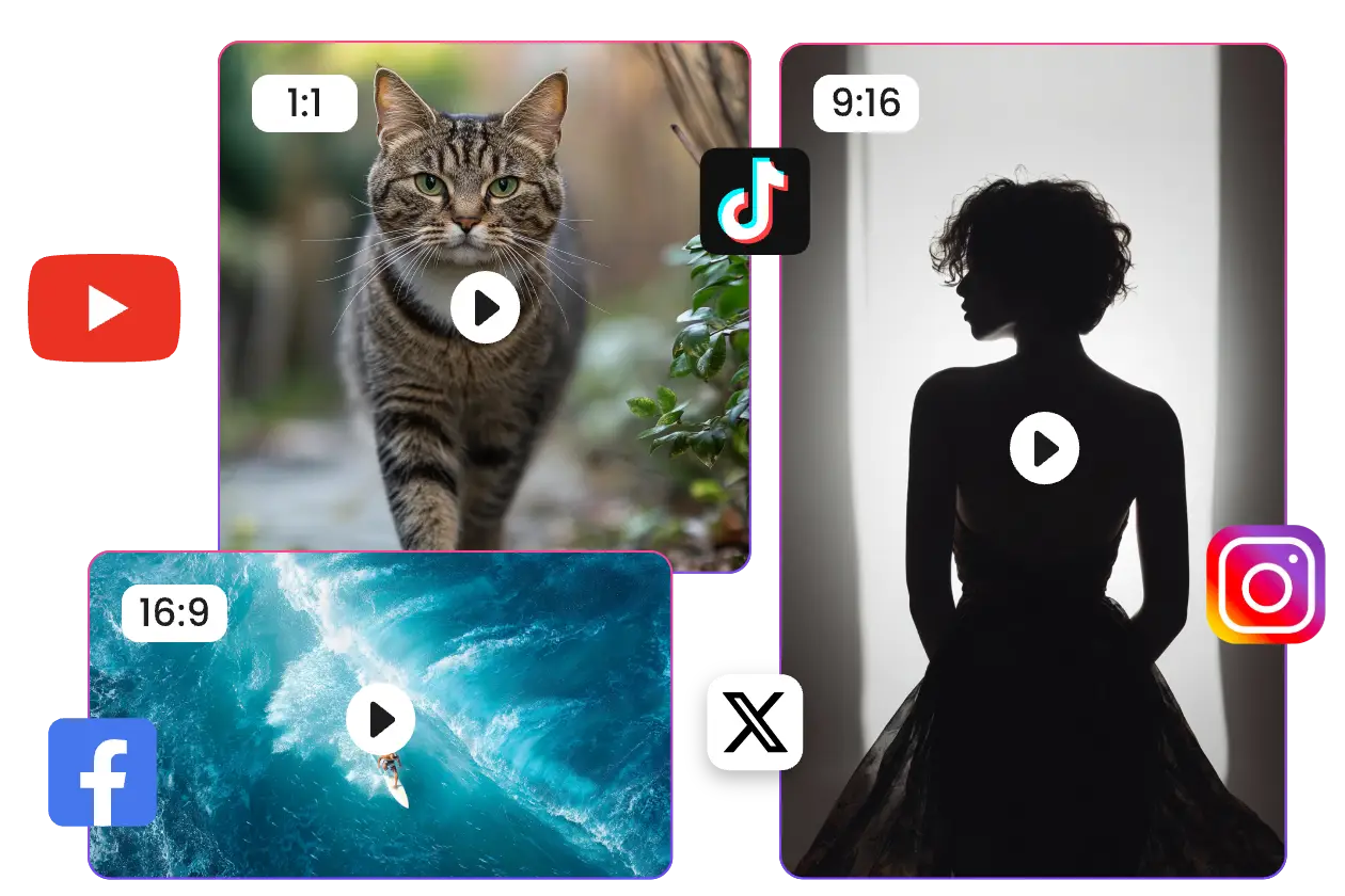 three ai videos of three different aspect ratios with youtube, x, tiktok, facebook and instagram icons