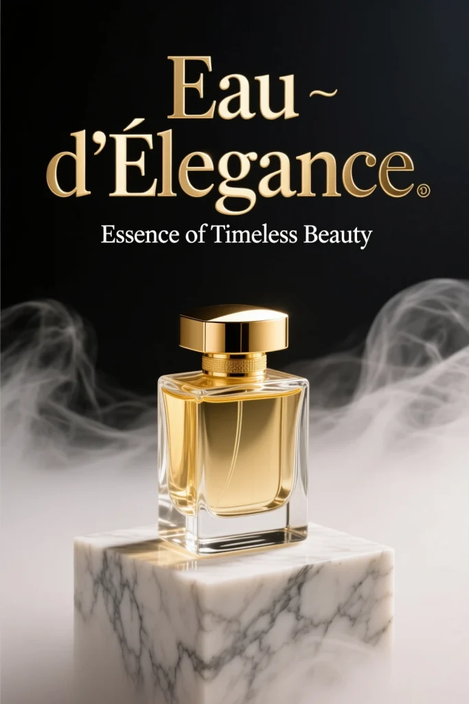 AI-generated perfume advertisement with glass bottle on marble pedestal, golden serif text 'Eau d’Élégance', created by Qwen-Image model