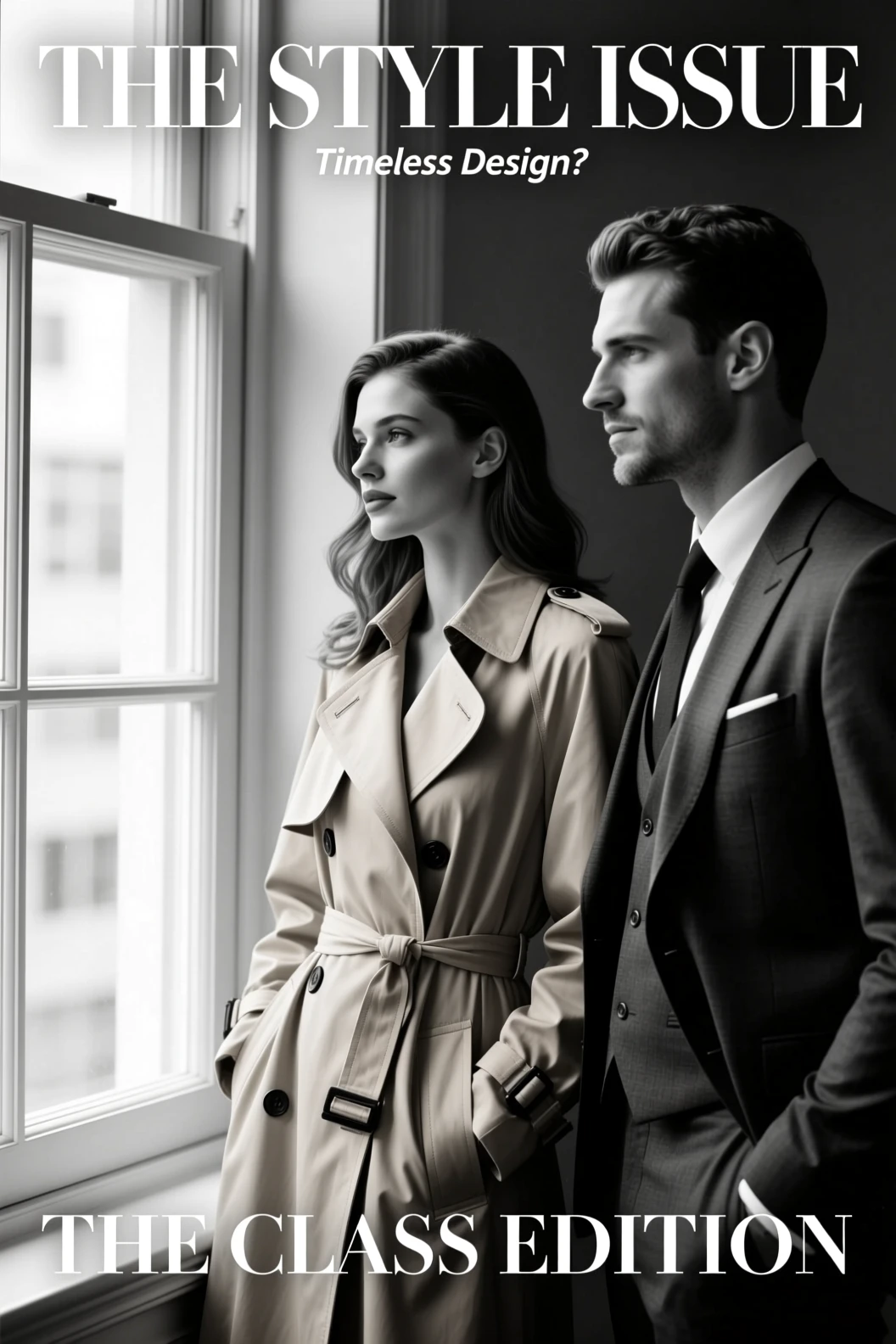 Fashion editorial AI poster of woman in trench coat titled 'THE STYLE ISSUE' with subtitle 'Timeless Design'