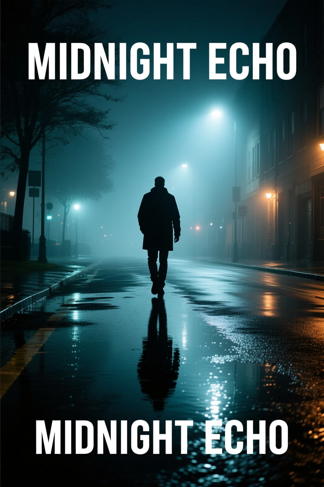 AI-generated cinematic night scene of man walking through fog with title 'MIDNIGHT ECHO'