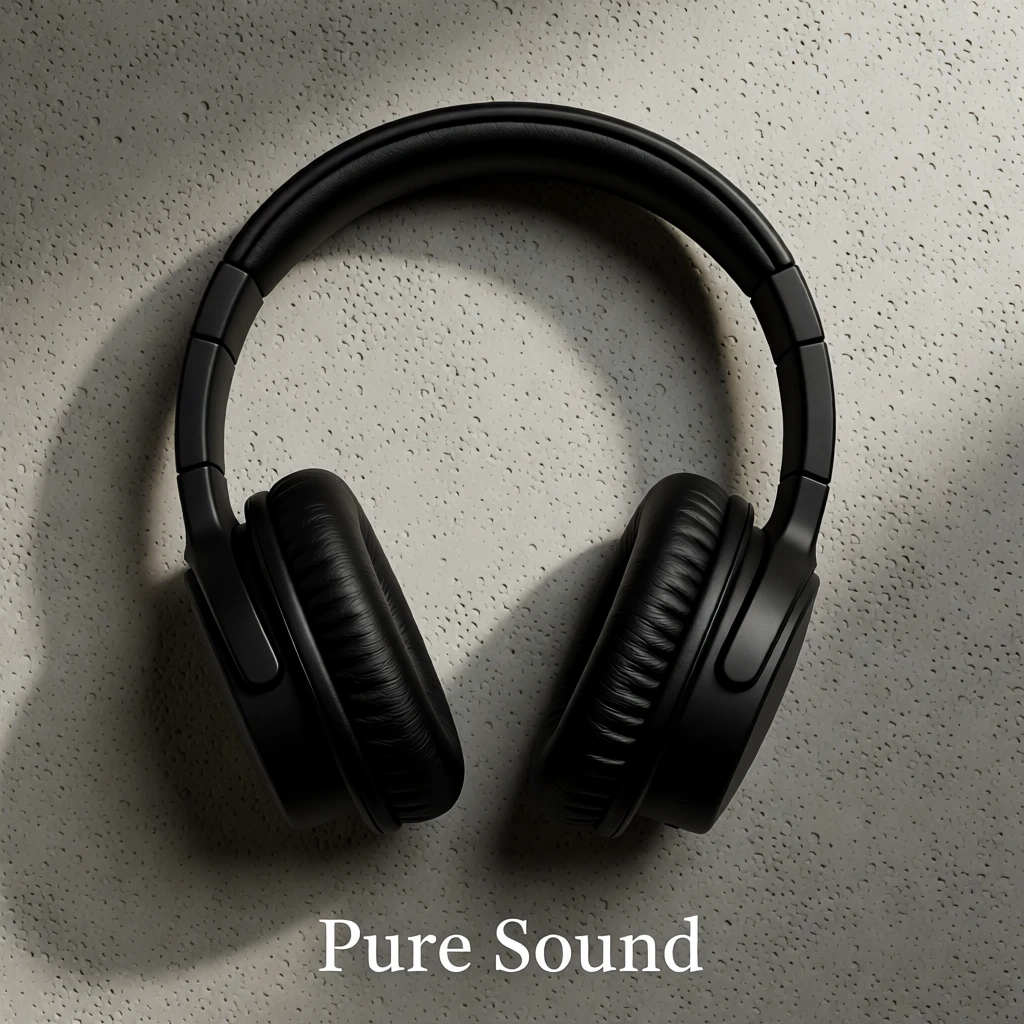AI-edited matte black headphones on concrete wall background with white text 'Pure Sound', product photo enhanced by Qwen-Image -edited
