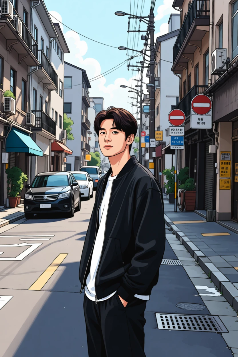 AI transformation turning street portrait into pop-art poster with halftone texture and bold colors - edited