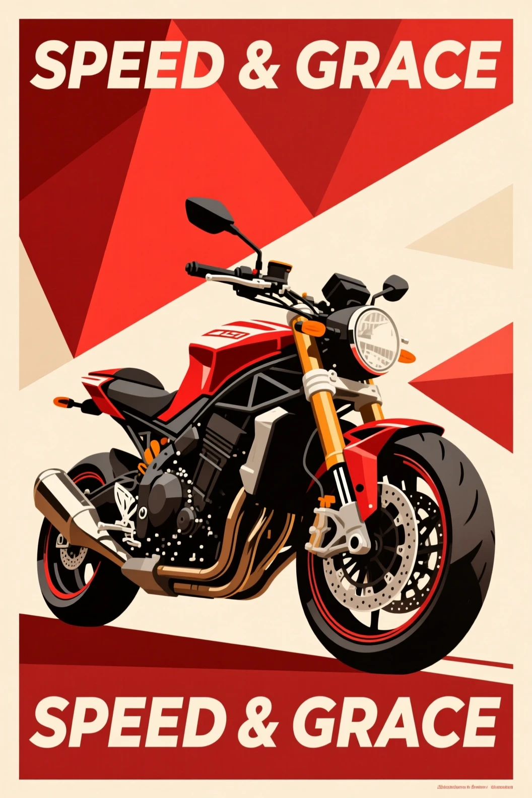 etro AI motorcycle poster with geometric design and title 'SPEED & GRACE'