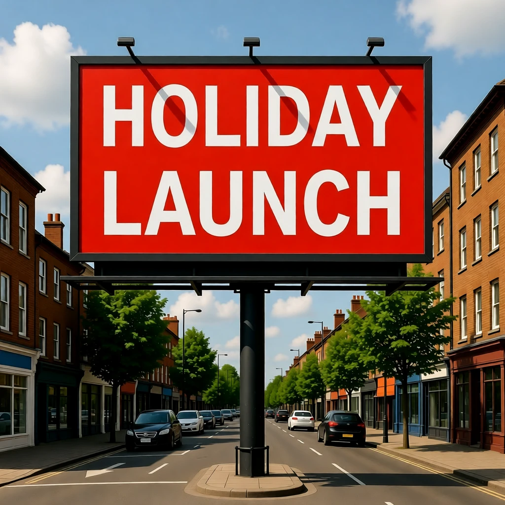 AI-edited billboard replacing 'SUMMER SALE' with 'HOLIDAY LAUNCH' while preserving font and shadows - edited