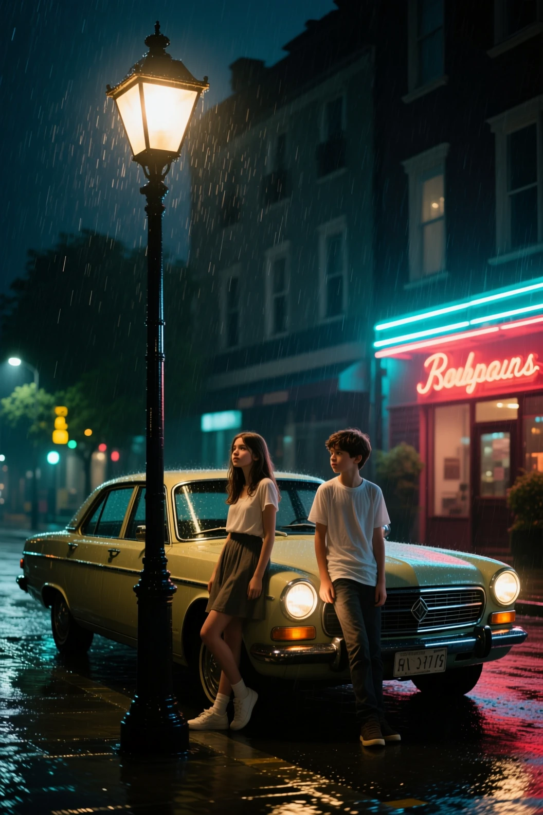 Cinematic AI illustration of girl under streetlight on rainy night