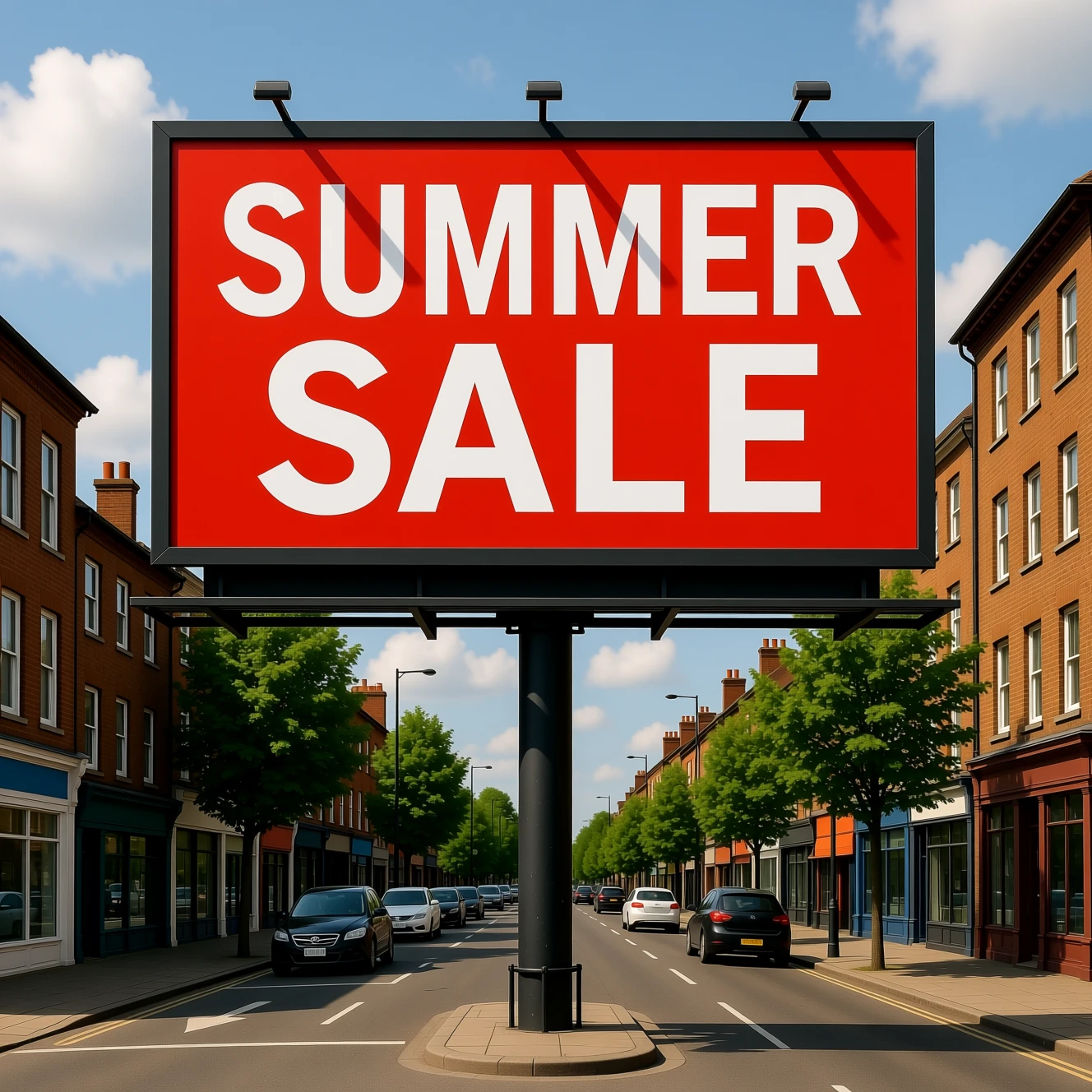 AI-edited billboard replacing 'SUMMER SALE' with 'HOLIDAY LAUNCH' while preserving font and shadows - source
