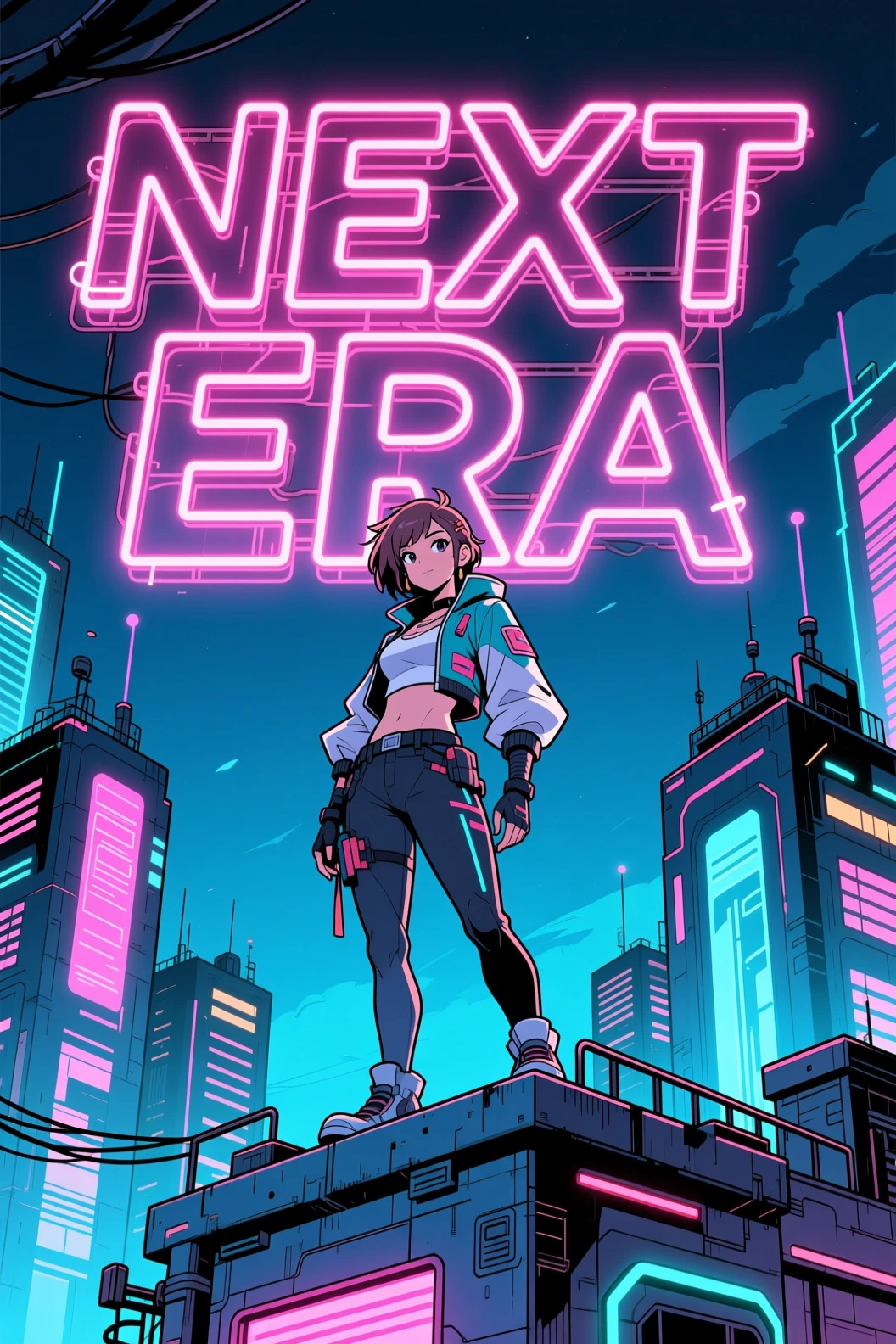 Illustrated AI poster of character on futuristic rooftop with neon title 'NEXT ERA'