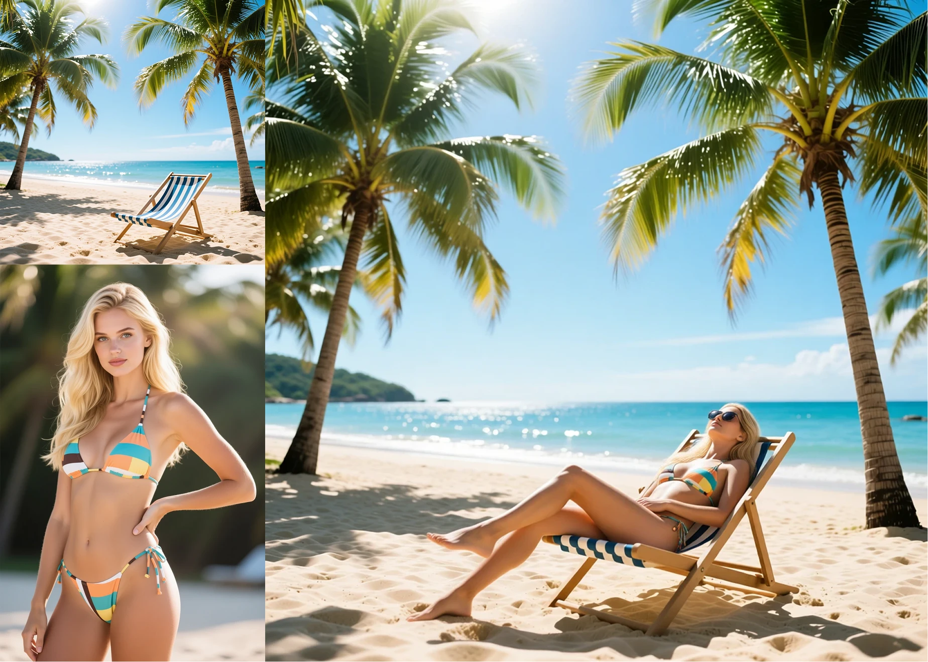 Composite AI image merging fashion portrait with beach sunset, warm highlights on sunglasses created by Qwen-Image