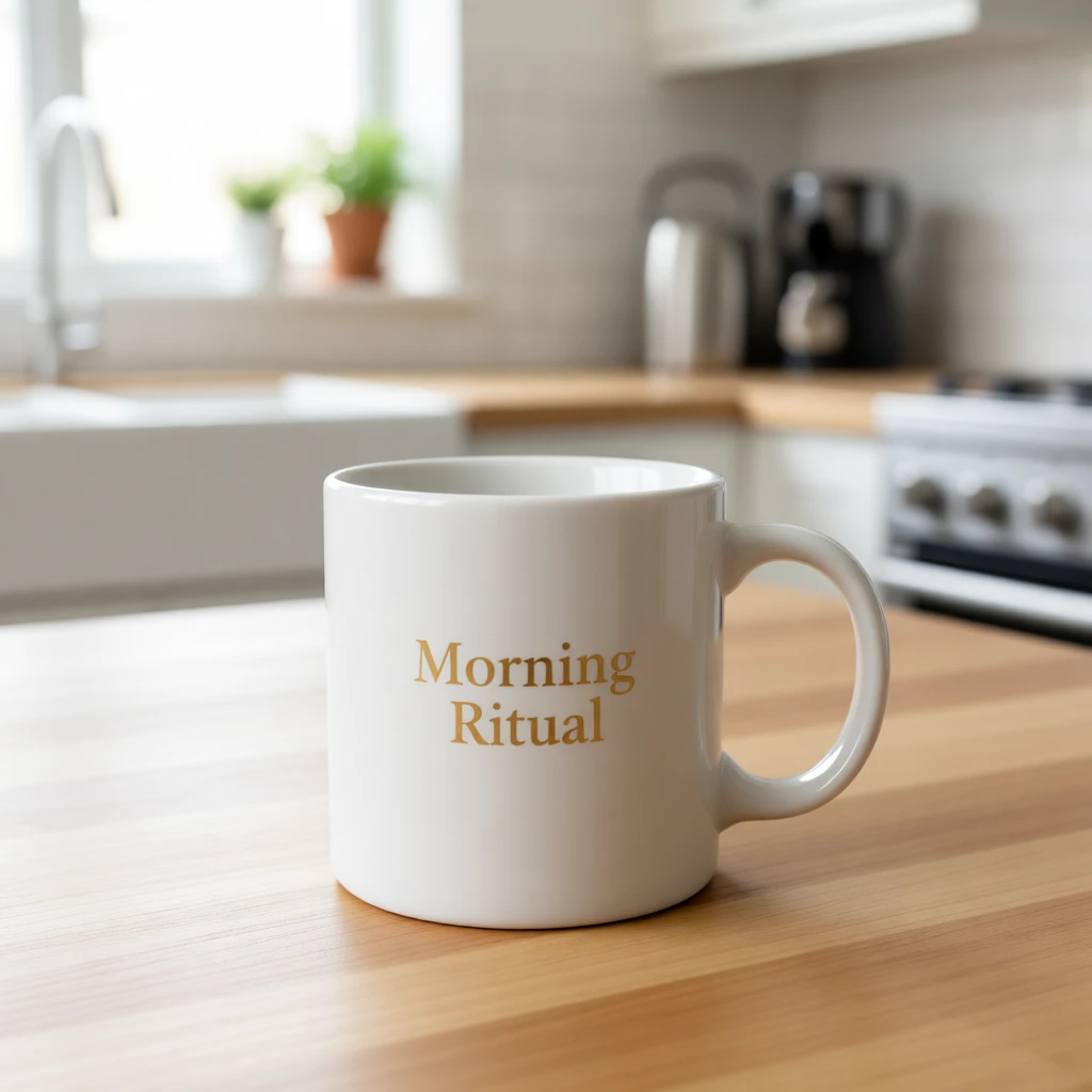 Coffee mug photo edited with AI to add gold text 'Morning Ritual' and bright kitchen background - edited