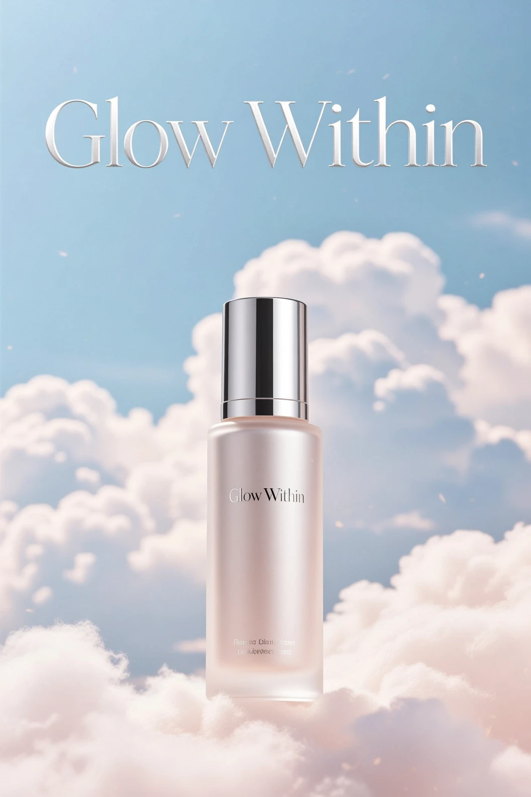Skincare product photo with pastel clouds and silver title 'Glow Within', generated by Qwen-Image