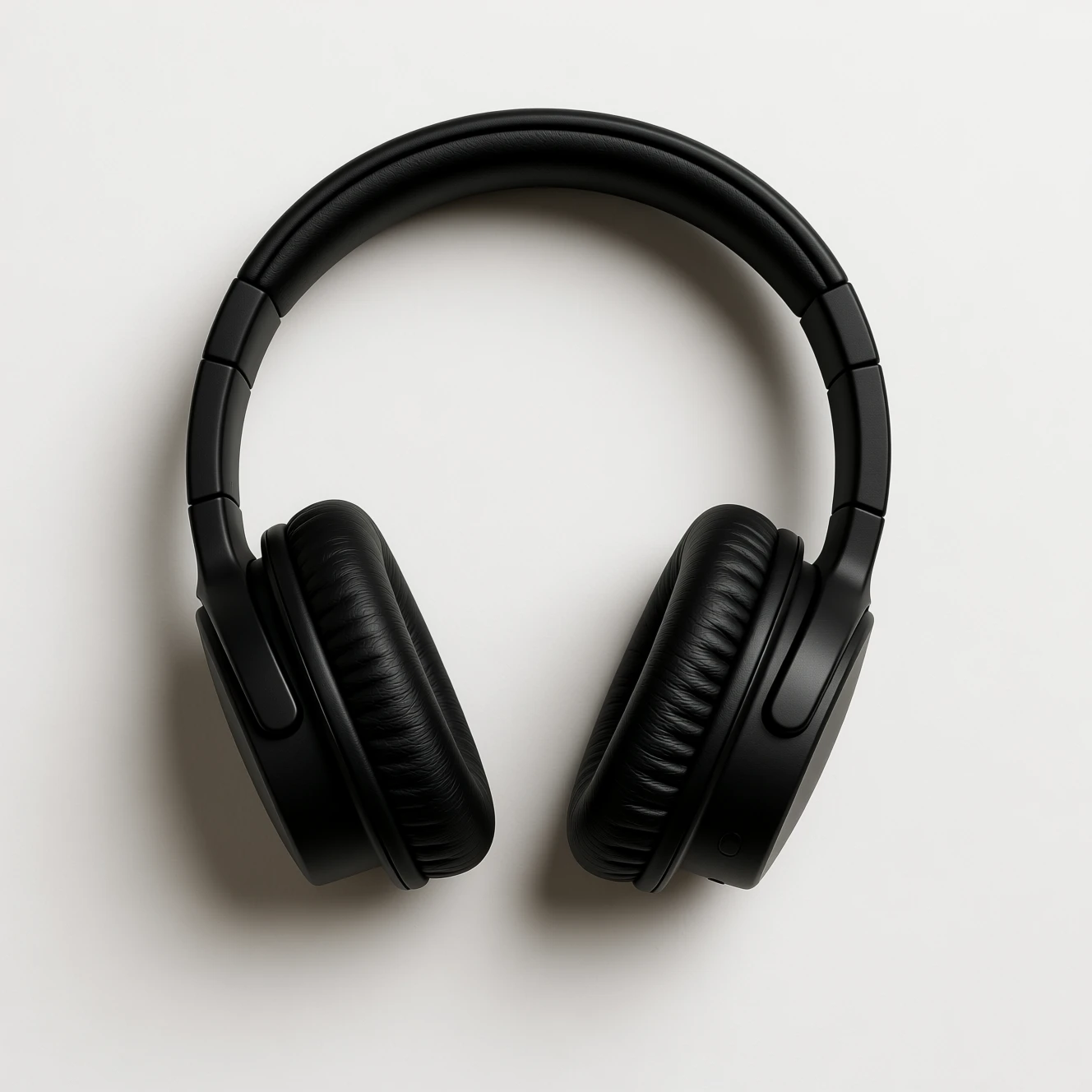 AI-edited matte black headphones on concrete wall background with white text 'Pure Sound', product photo enhanced by Qwen-Image - source
