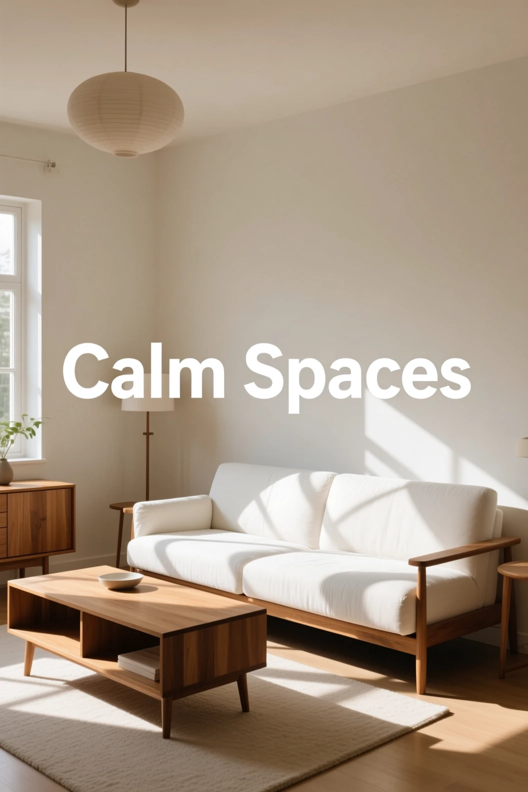 Minimal living room with white sofa and wood furniture, AI render titled 'Calm Spaces'