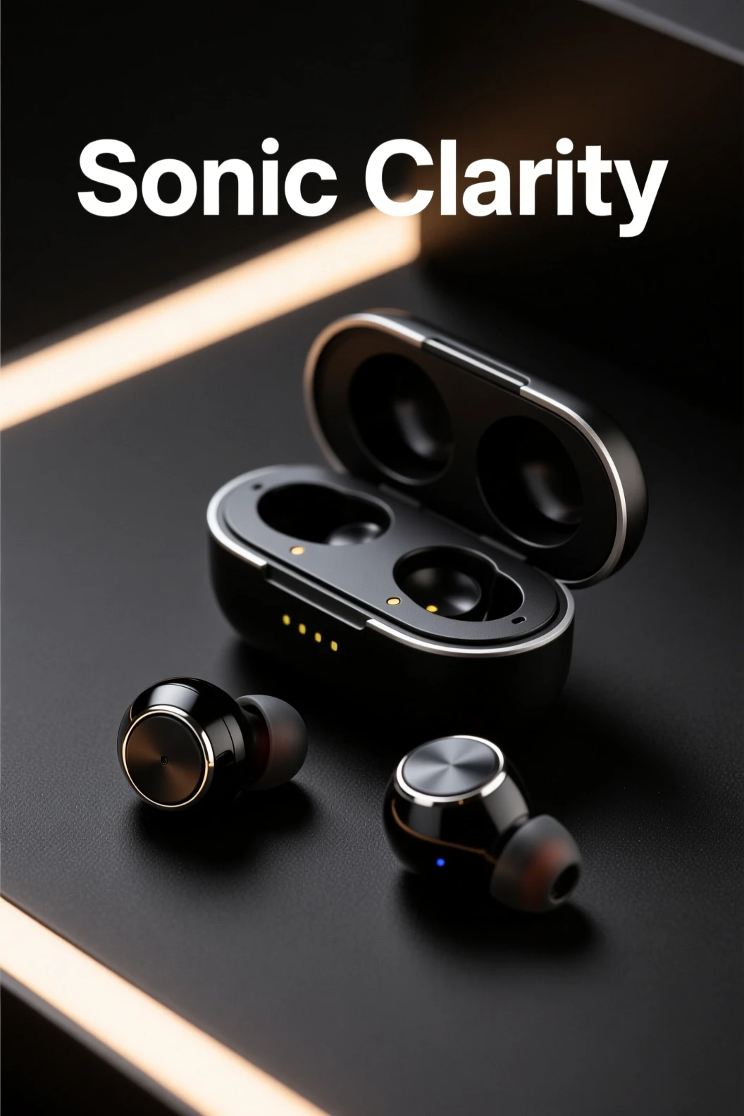 Wireless earbuds on matte surface with rim light and title 'Sonic Clarity'
